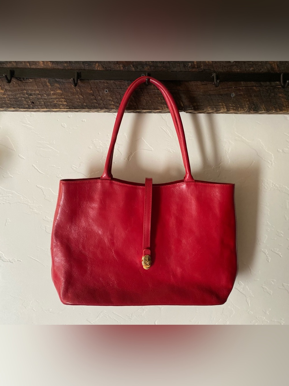 Valentina Red Leather Tote with Gold Accent
